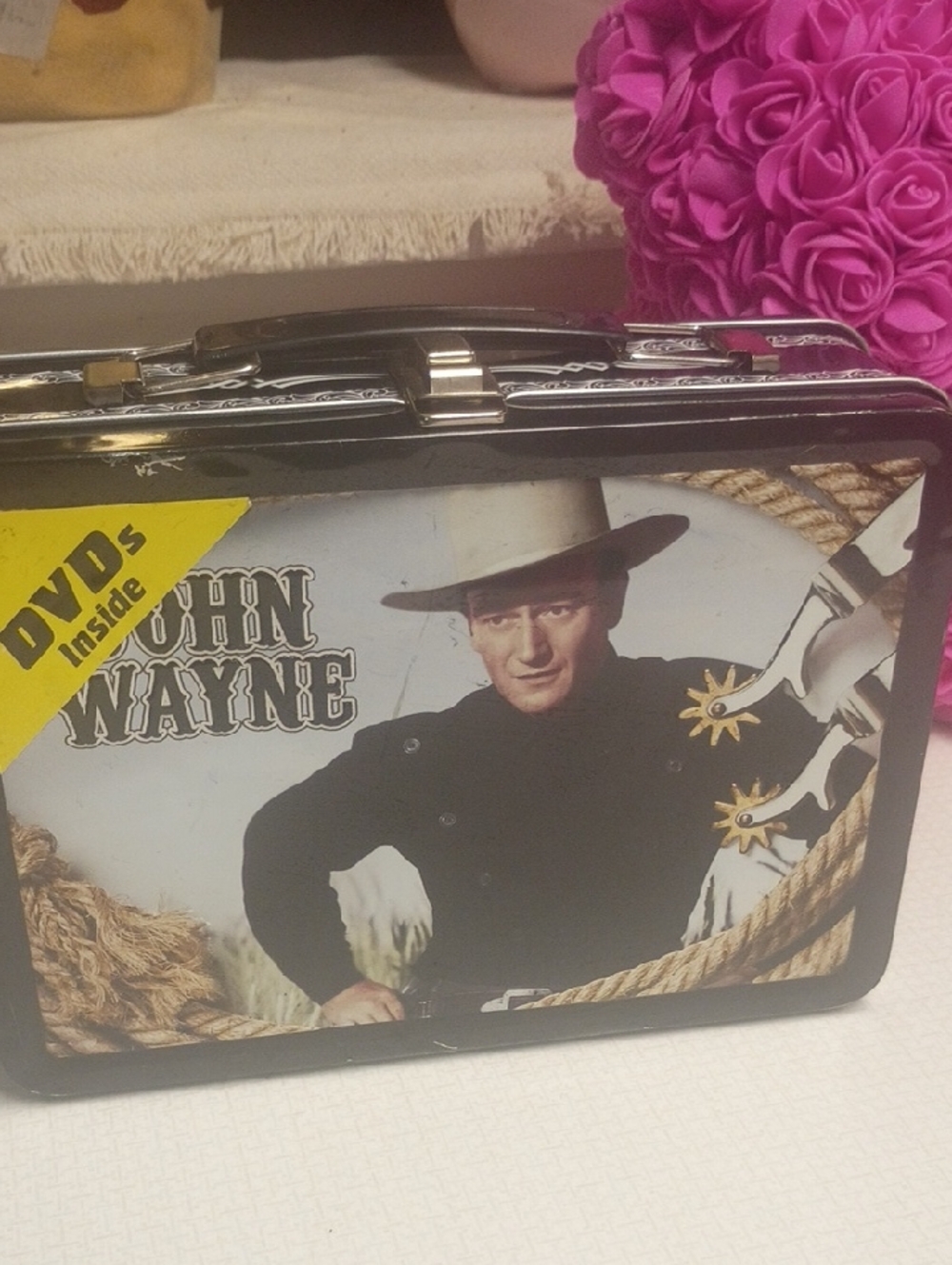 John Wayne Vintage Western Metal Lunchbox with Mounted Cowboy Artwork/2 New DVDs